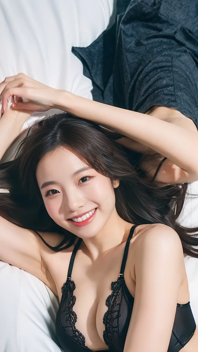 nsfw, (On the bed), (Lying down), From above, Black underwear, Light Smile