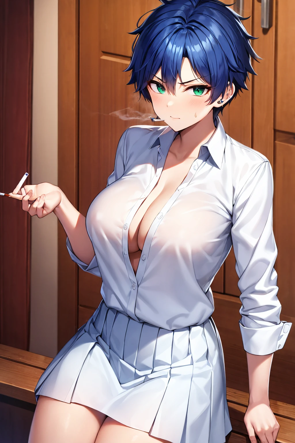 Ultra-high resolution、Ultra HD、8k,Realistic、tomboy、Boyish Girl、Big Breasts、tsurime,White blouse、White dress shirt、Large Breasts、blue-hair、very-short-hair,green-eyes,Black mini skirt、black-pantyhose,angry、White shirt with collar、Ear Piercing、smoking-a-cigarette、Put a cigarette in your mouth、smoking、blue-hair
