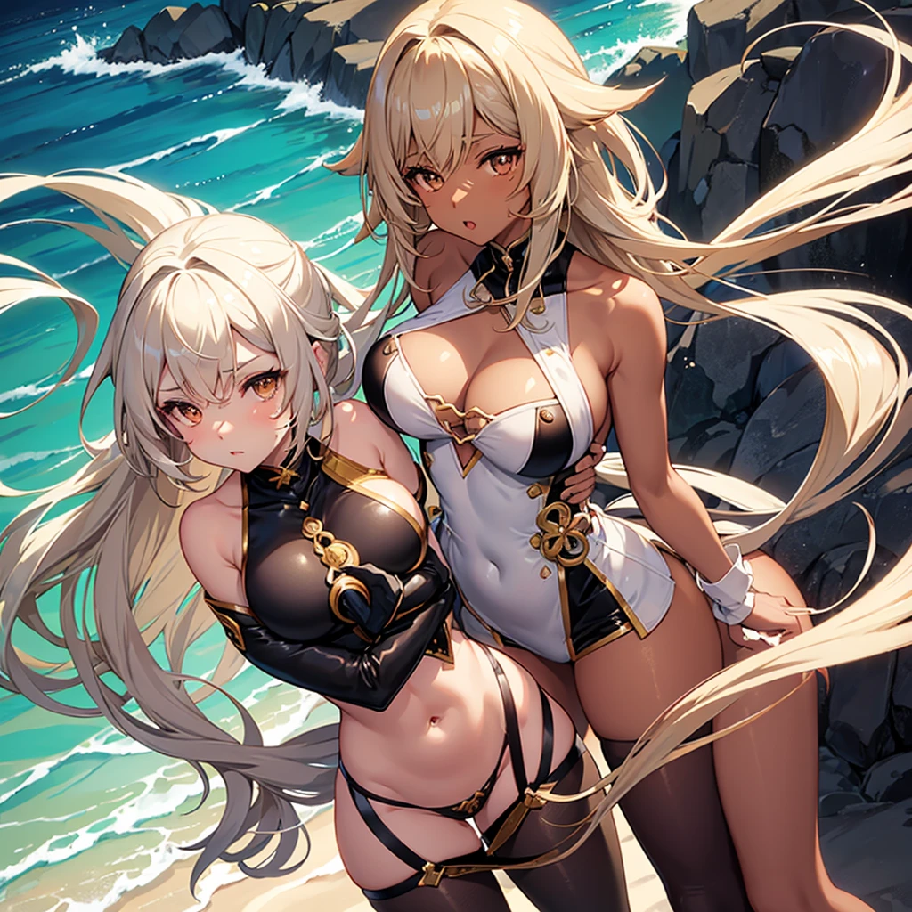 Neko girl With Brown skin, With medium wavy brown hair with platinum blonde highlights, and dark brown eyes, With big breasts A little on display in a tight outfit, With feminine clothing in the Genshin Impact style, In a sexy pose