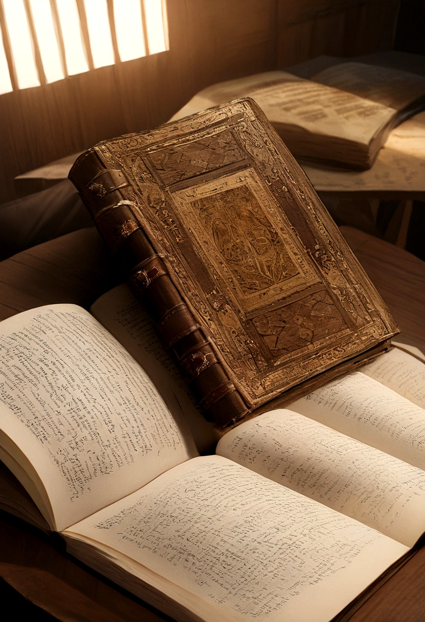 (((CINEMATIC PHOTO))), (((BEST QUALITY)), (((EST QUALITY)), (((HD))), (((HYPERREALISTIC)), (((32k render))), (((DETAILLED))). FORMAT 16/9, HYPERREALISTIC, DETAILLED, (((CINEMATIC PHOTO))), Generate an image of an open Bible, laid flat and horizontal. The Bible should be displayed prominently, with visible text on the pages, showing a sense of depth and realism. The setting should be well-lit, highlighting the texture and details of the paper and the cover. The background can be a simple wooden table to enhance the focus on the Bible itself.