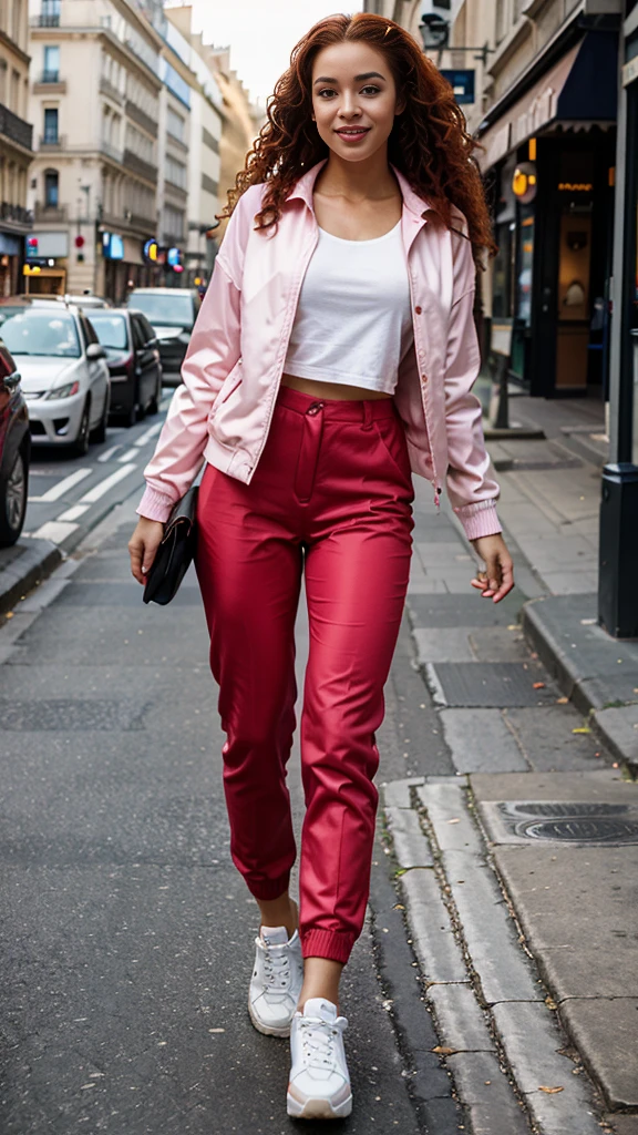 Smiling girl in motion, jumping through the streets of Paris. 

Pink suit pants, pink jacket, white sneakers. Shirt under white jacket

Realistic photo, full body. 

Luminous photo

Full woman photo head and feet

realistic woman, photorealistic portrait of a young African-American woman of mixed race, dark skin with freckles near the nose, realistic skin texture, fine, round facial features, black eyes with long black lashes, defined eyebrows, well-defined lips with evening make-up, athletic physique, medium-length curly red hair, tight curly hair, red hair