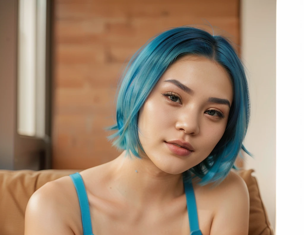 arafed woman with blue hair sitting on a couch with a cell phone, short blue haired woman, pretty girl with blue hair, girl with blue hair, short blue hair, blue short hair, beautiful woman with blue hair, with blue hair, teal hair, turquoise hair, a young asian woman, beautiful blue haired girl, an asian woman, young asian woman