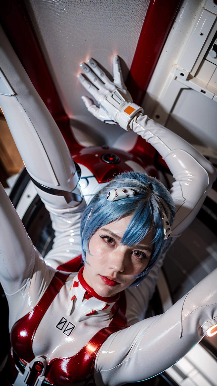 (masterpiece), (best quality), (red eyes), (epiCRealLife), (red lipstick), (j4nu4ryj0n3s) (young woman), (European Model), (Plugsuit), (ayanami_rei plugsuit), interface headset, white bodysuit),(white gloves) (red eyes), (blue hair), (medium breasts),(flash photography), (natural lights), (ample lights),( light smile), (pose for picture), (white gloves), (light smile),  (in a spaceship bedroom), (from above), (lying on back), (lying on the bed), (legs spreading apart)