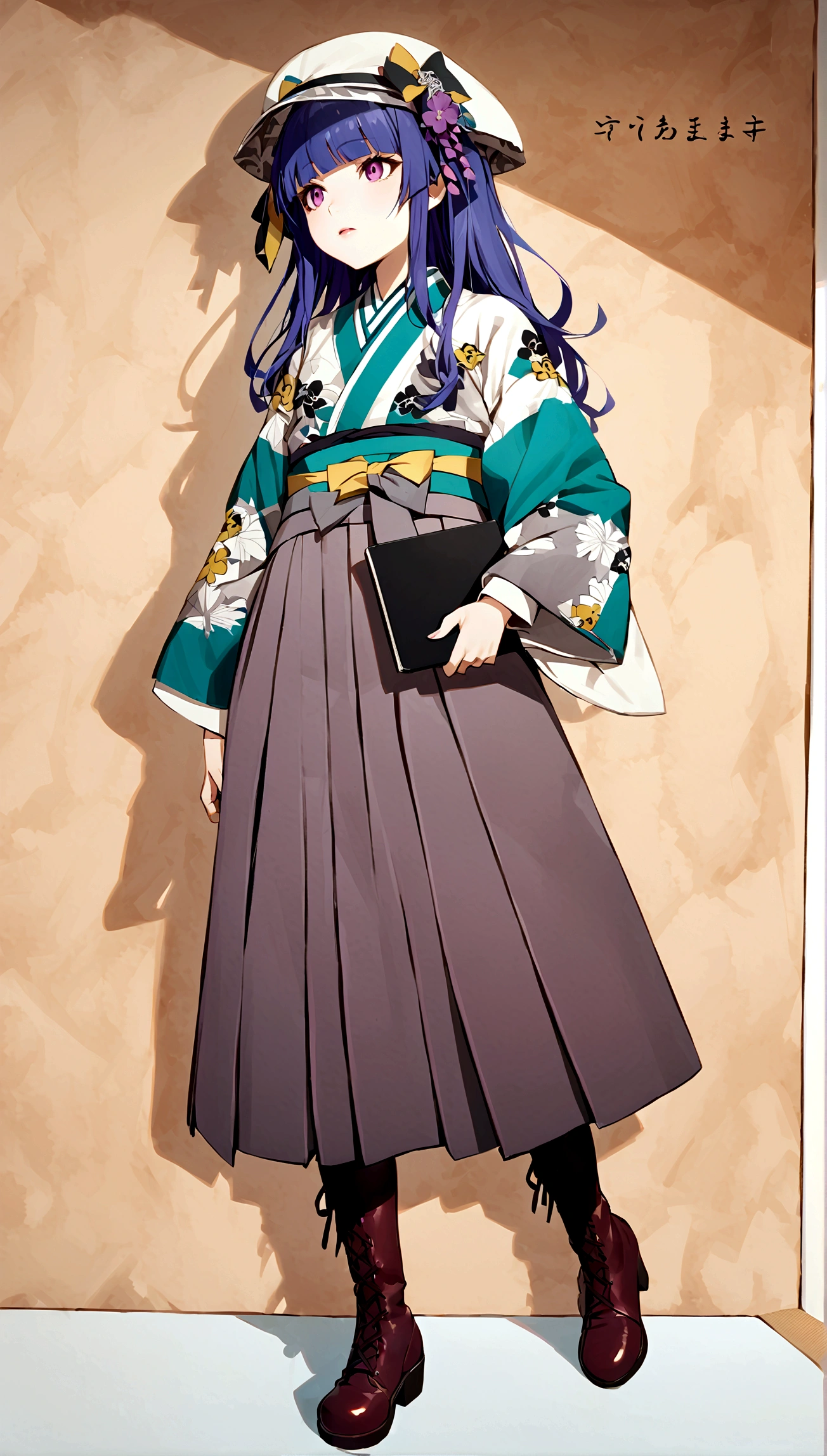 One Girl, alone, Full Out Rika, cute, Blue Hair, Purple eyes, Long Hair, blunt bangs, bangs,
skirt, long sleeves, hat, ribbon, holding, standing, full body, boots, japanese clothes, kimono, lips, brown footwear, hakama, hakama skirt, cross-laced footwear, holding book, lace-up boots