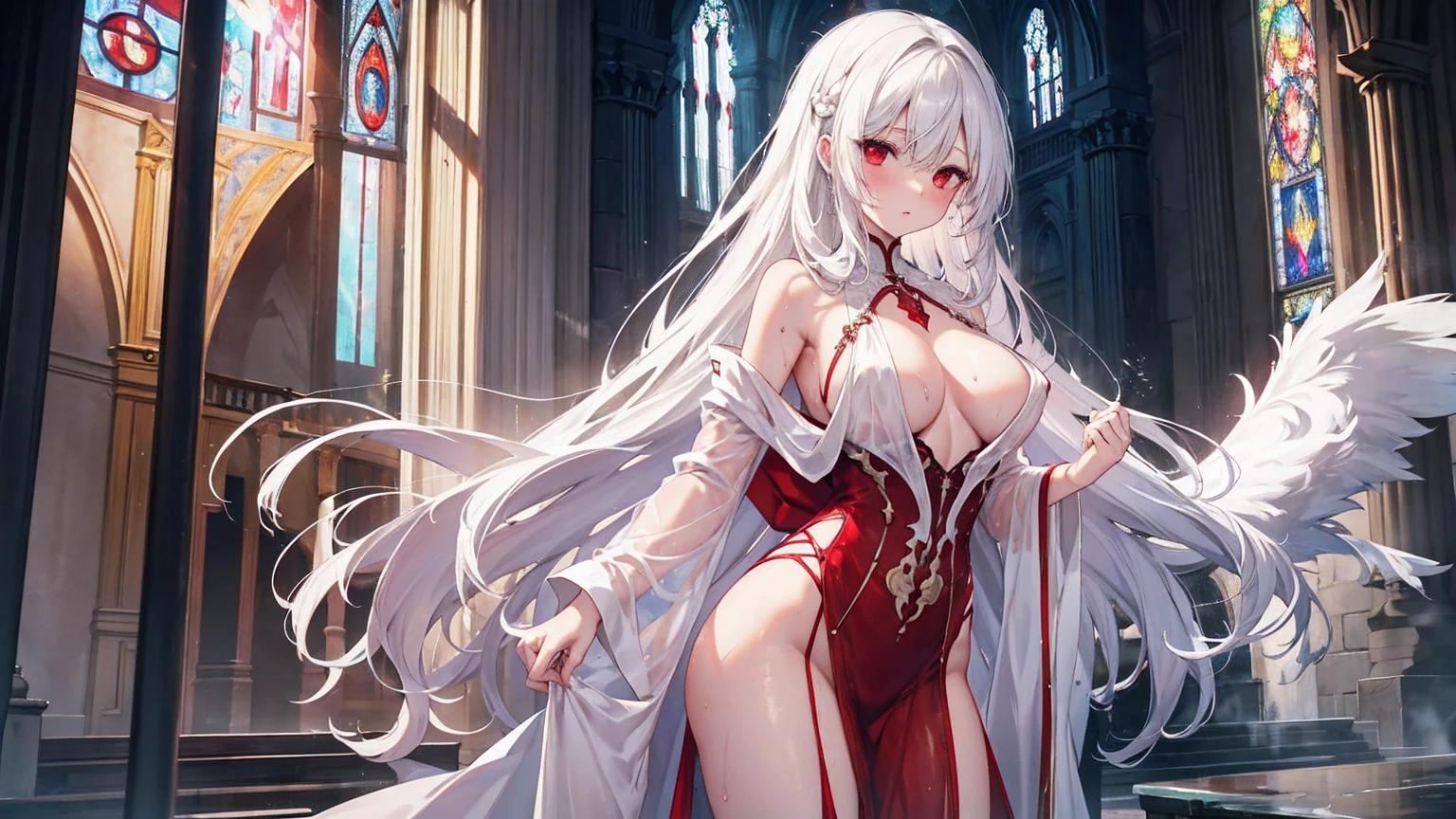 Long white hair,Red eyes,Sexy Sheer Colonial Dress, Perfect body, Clear chest, Well-defined collarbone, Surreal, lifelike, detailed, Perky transparent nipples, Wet clothes(whole body:1.1),cross,Holy,best quality,Large Breasts,Big Ass,No underwear。Gorgeous church background with extreme details