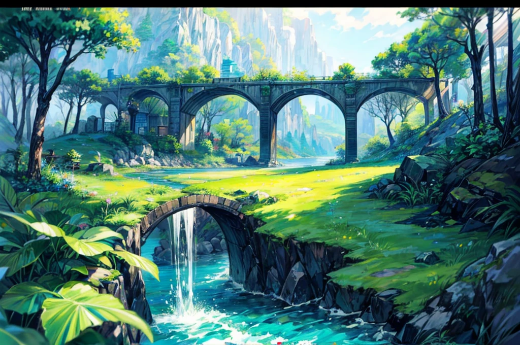 (8k analog photo,magical landscape:1.2), stone bridge over creek,lush greenery,pastel colors,studio ghibli style,alone bridge,small bridge,