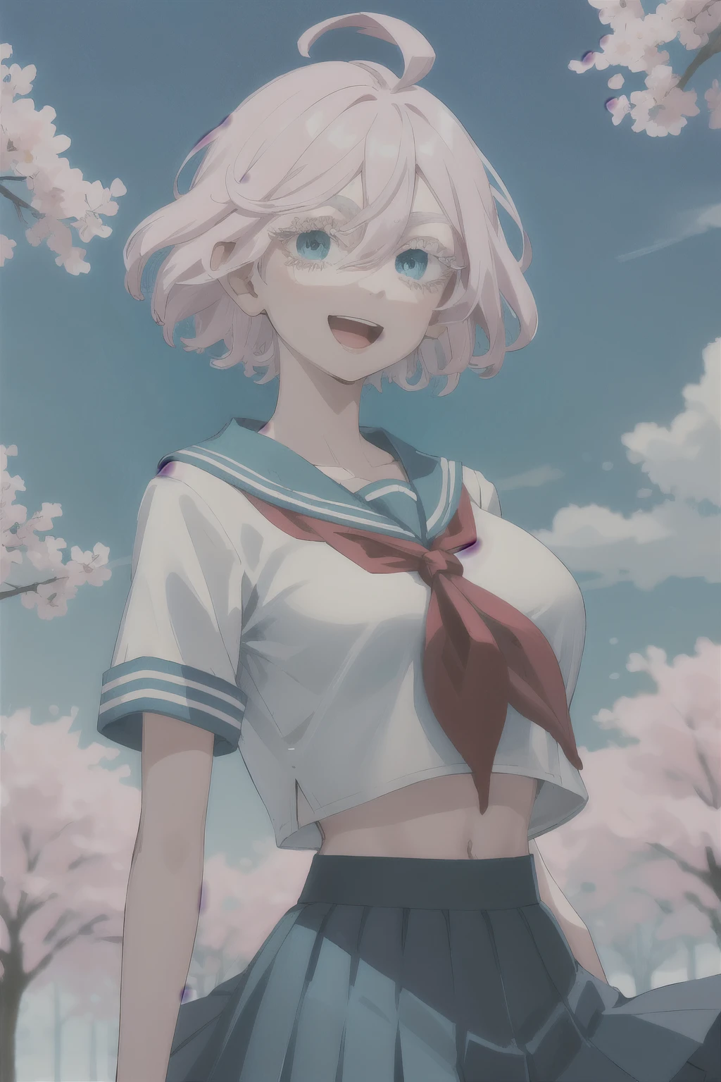 masterpiece, best quality, highres, 1girl, solo, short hair, white hair, floating hair, ahoge, hair between eyes, colored eyelashes, aqua eyes, serafuku, sailor collar, (big breasts: 1.4) red neckerchief, shirt, short sleeves, midriff, pleated skirt, blue skirt, arms behind back, leaning forward, smile, cherry blossoms, open mouth, standing