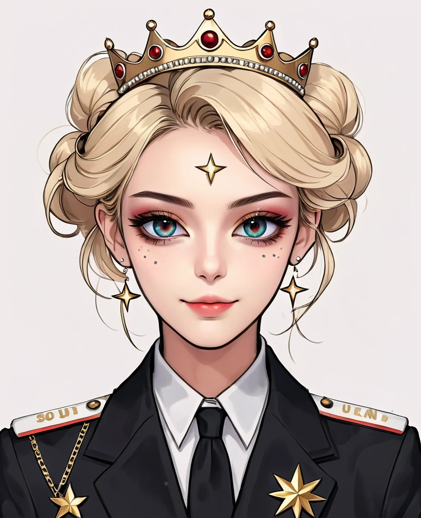 (Digital Illustration，Detailed anime style girl portrait，Solitary，symmetry)，(Big colorful eyes，Fashionable and exquisite facial features，Exquisite makeup，Sweet smile，Star symbol mark on cheek，Soulful gaze，)，(Beautifully updo hairstyle，crown)，(Black suit，Epaulettes-Chain，cool，)，Clean and simple white background，(((Correct human anatomy)))