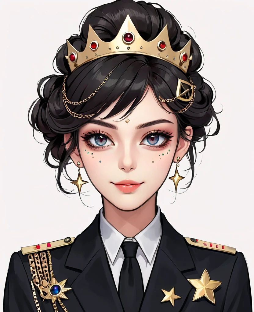 (Digital Illustration,Detailed anime style girl portrait,Solitary,symmetry),(Big colorful eyes,Fashionable and exquisite facial features,Exquisite makeup,Sweet smile,Star symbol mark on cheek,Soulful gaze,),(Beautifully updo hairstyle,crown),(Black suit,Epaulettes-Chain,cool,),Clean and simple white background,(((Correct human anatomy)))