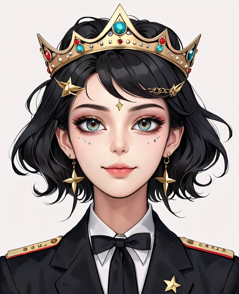 (Digital Illustration,Detailed anime style girl portrait,Solitary,symmetry),(Big colorful eyes,Fashionable and exquisite facial features,Exquisite makeup,Sweet smile,Star symbol mark on cheek,Soulful gaze,),(Beautifully updo hairstyle,crown),(Black suit,Epaulettes-Chain,cool,),Clean and simple white background,(((Correct human anatomy)))