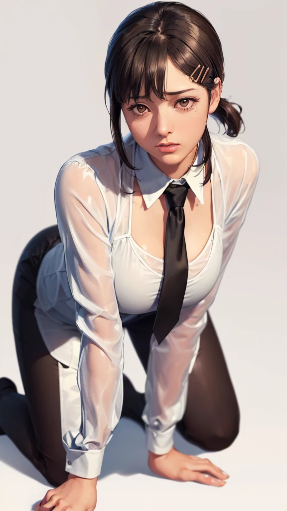 (（（Perfect body,White and tender skin,（（（black necktie, black pants, business suit, formal, long sleeves, necktie, pants, suit,,）））,（（（kobeni higashiyama, black hair, hair ornament, hairclip,  ponytail, short hair, (brown eyes:1.5),）））,((masterpiece)),highres,((Best quality at best)),masterpiece,quality,Best quality,(（（ Exquisite facial features,Looking at the audience,There is light in the eyes,(（（pain，endure））），）））,（（（Light and shadow,Huge breasts,）））,（（（Looking at the camera,White background)））)