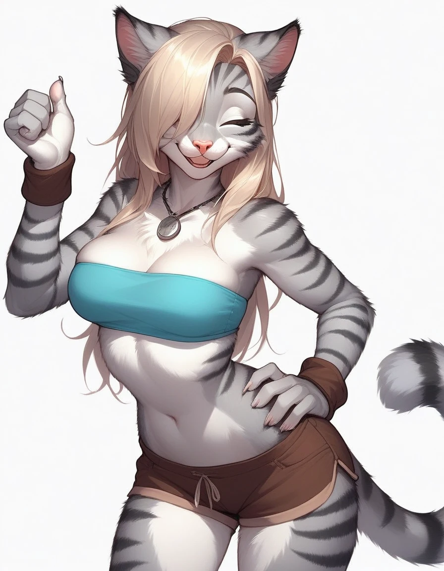 Solo, score_9,score_8_up,score_7_up, source_cartoon, source_furry, Kat, Anthro furry feline girl, tall body, hourglass figure, adult female, closed eyes, :3, snout, pink nose, silver furry body, grey tabby cat stripes, long blonde hair, hair covering one eye, standing up straight, big happy smile, giving you a thumbs up, other hand on hip, simple white background, wearing blue bandeau, brown short shorts, c cup sized chest, 
