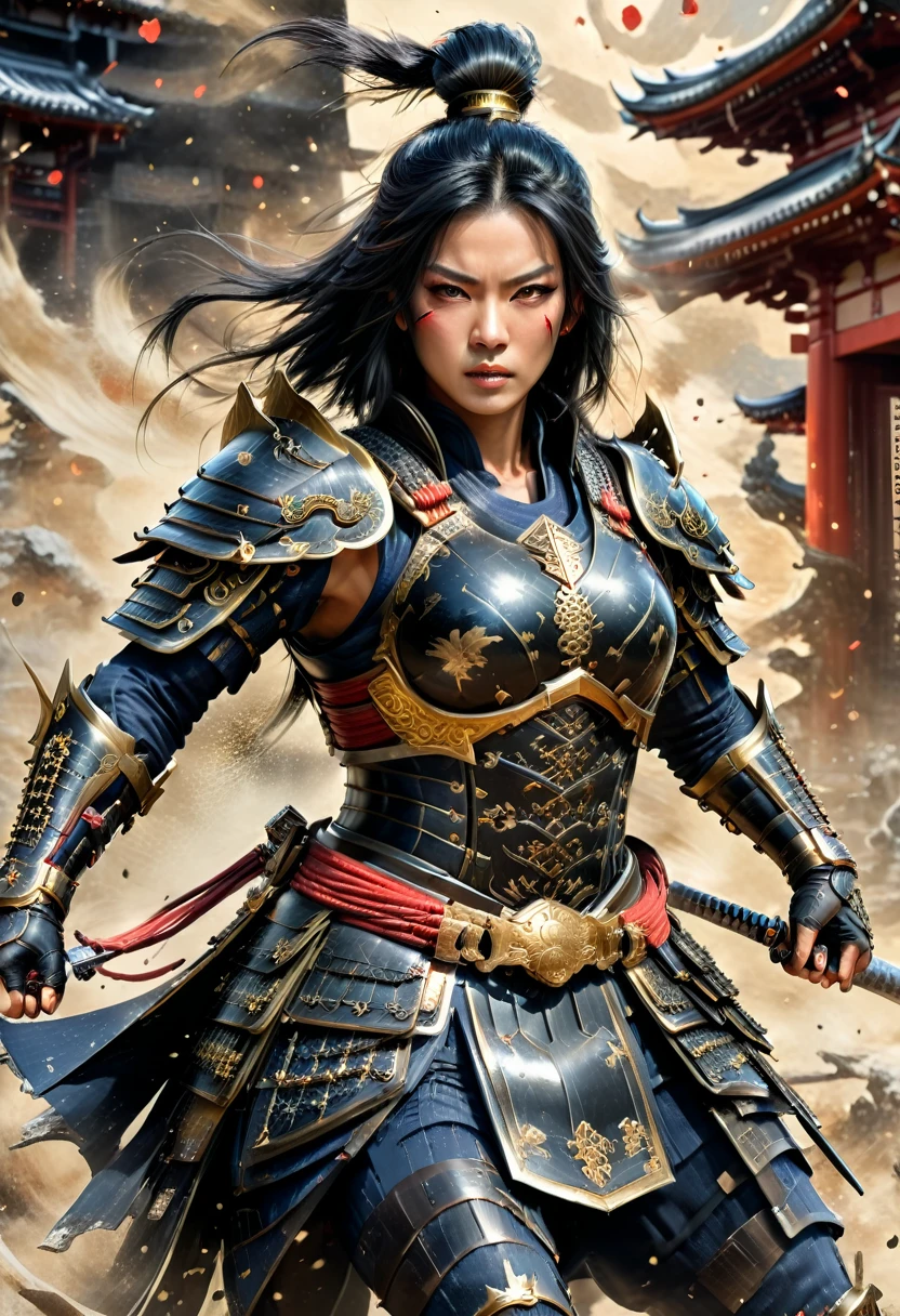a picture of Japanese female samurai, she has long black hair, wearing niji armor, armed with a katana, ready for battle, dynamic angle,, Japanese fantasy art, Japanese temple background, (Masterpiece: 1.5), 16k, highres, best quality, high details, ultra detailed, masterpiece, best quality, (extremely detailed), arafed, dnd art,