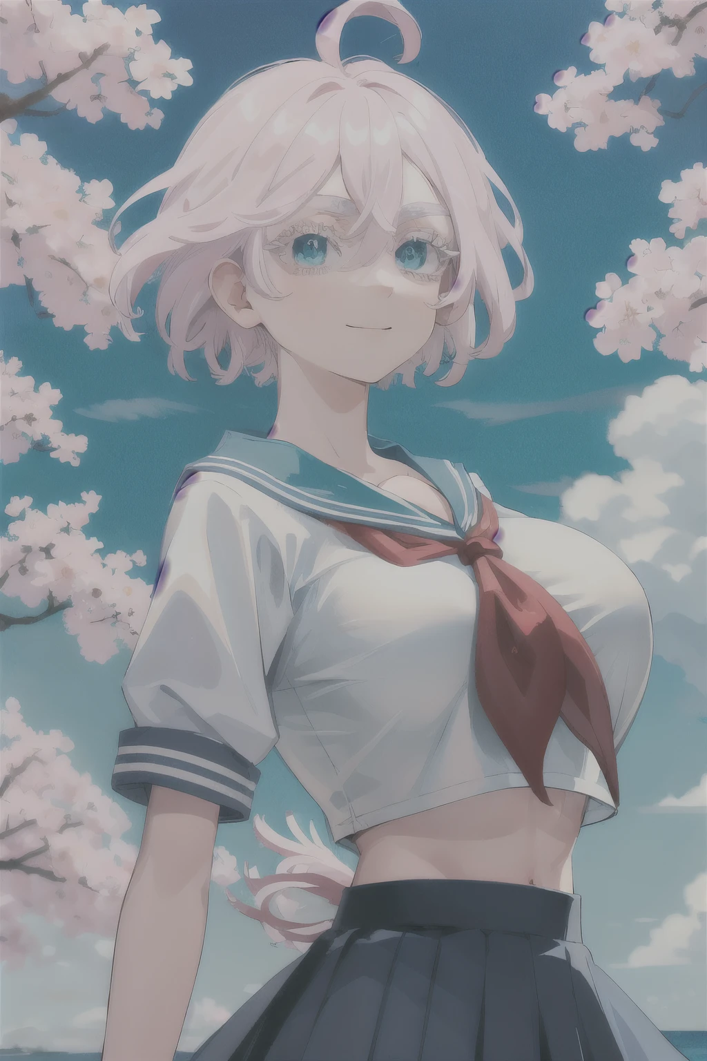 masterpiece, best quality, highres, 1girl, solo, short hair, white hair, floating hair, ahoge, hair between eyes, colored eyelashes, aqua eyes, serafuku, sailor collar, (big breasts: 1.8) red neckerchief, shirt, short sleeves, midriff, pleated skirt, blue skirt, arms behind back, leaning forward, smile, cherry blossoms, standing