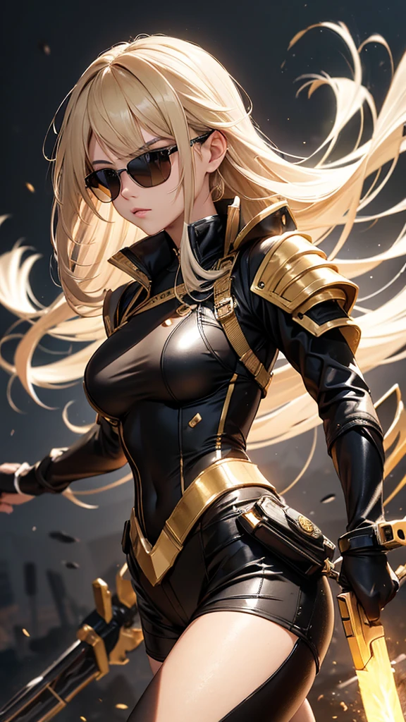random angle close portrait, brush drawing image, beautiful Thai female teen, aged 20, dynamic fighting action pose with gold advanced sci-fi sword, advanced black sport sunglasses, long blonde hair with, glossy black slim fit sci-fi short pants jumpsuits with weapons holster on thighs, black sci-fi shoulders and arms armour, black gloves, gold smoke explode, white background, 8k resolution