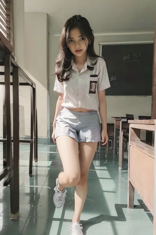 (pp clothes), (realistic), girl showing her panty, show underwear, standing, open legs, view to front, view to camera, wear underwear, visible underwear, Indonesian face, classroom situation, peeing herself:1.3