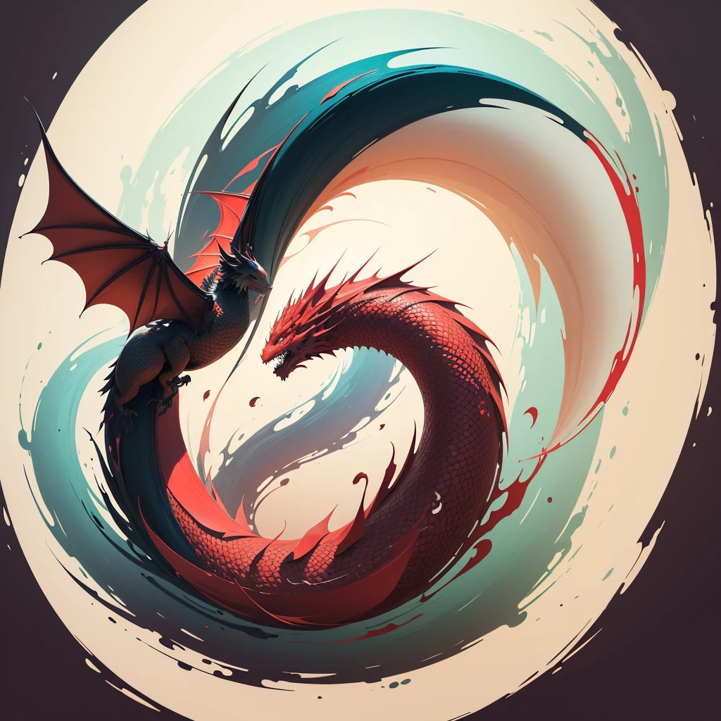 Red dragon,Chinese landscape, abstract paintings, Zen, Amy Sol style, With a cover art of light abstraction, Simple vector art, Contemporary Chinese art, Gradient of color, Soft color palette, layered forms, Whimsical animation, The style is ethereal and abstract