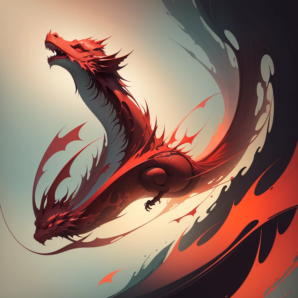 Red dragon，Chinese landscape, abstract paintings, Zen, Amy Sol style, With a cover art of light abstraction, Simple vector art, Contemporary Chinese art, Gradient of color, Soft color palette, layered forms, Whimsical animation, The style is ethereal and abstract