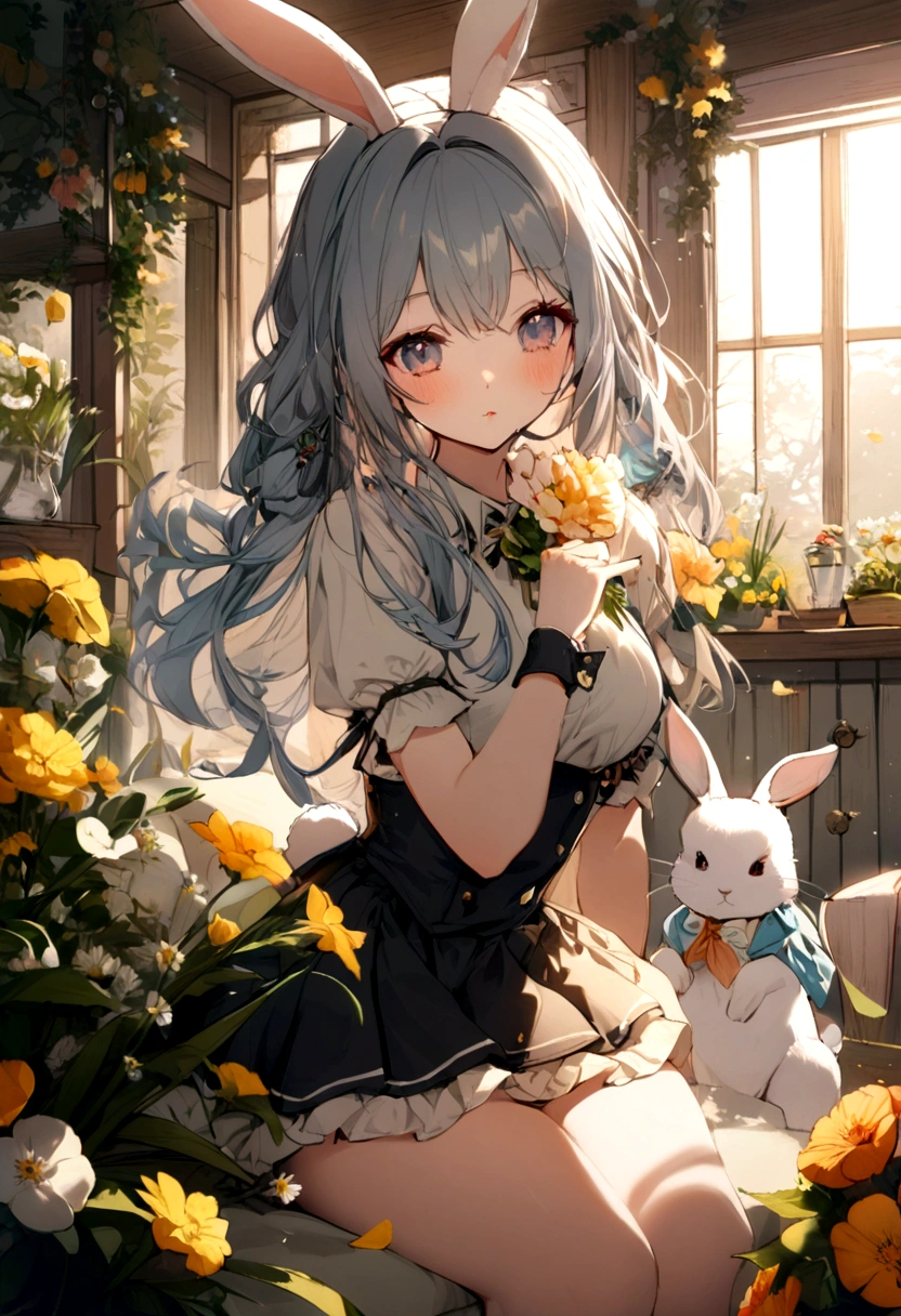 1 girl, long hair, short skirt, cute, bunny, flowers, light, live