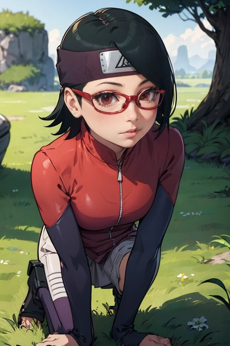 (Sarada Uchiha,short hair,black hair,glasses),full body picture Unreal Engine 5 8K UHD of beautiful girl, green Japanese style long hair, wearing futuristic black tight battle suit, half face mask, futuristic neck collar, grass green light details, best quality, masterpiece