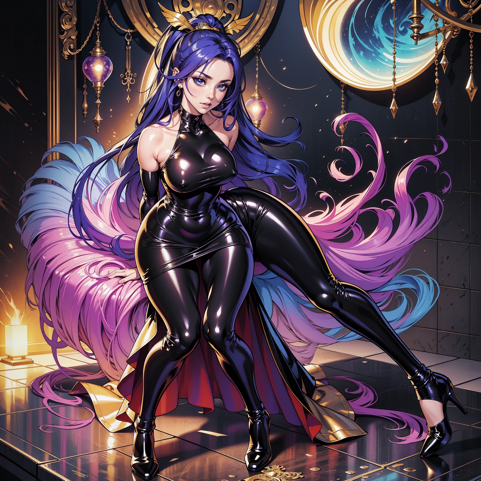 Masterpiece, Ultra extremely detailed, Insanely Definition - quality, 8k, (vibrant colors,vibrant theme), (intricate), full body , NSFW                                                                                                     1girl,pisceus, bathroom, tight dress, tight clothes, black latex dress, arms behind back,
