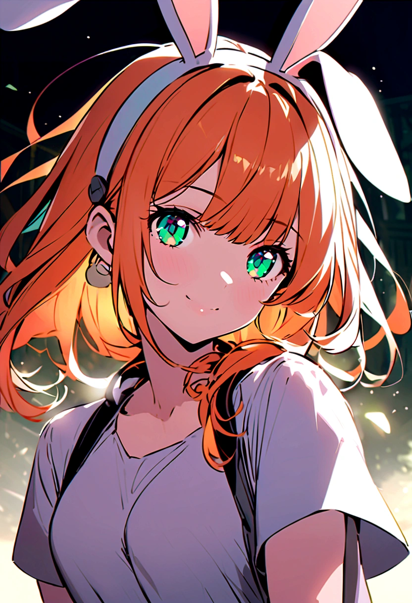 A young beautiful woman with orange hair and bunny ears, emerald green eyes, slightly curly bangs and hair that reaches just below her shoulders,she wears modern clothes with a yellow headset hanging on her neck,while she smiles