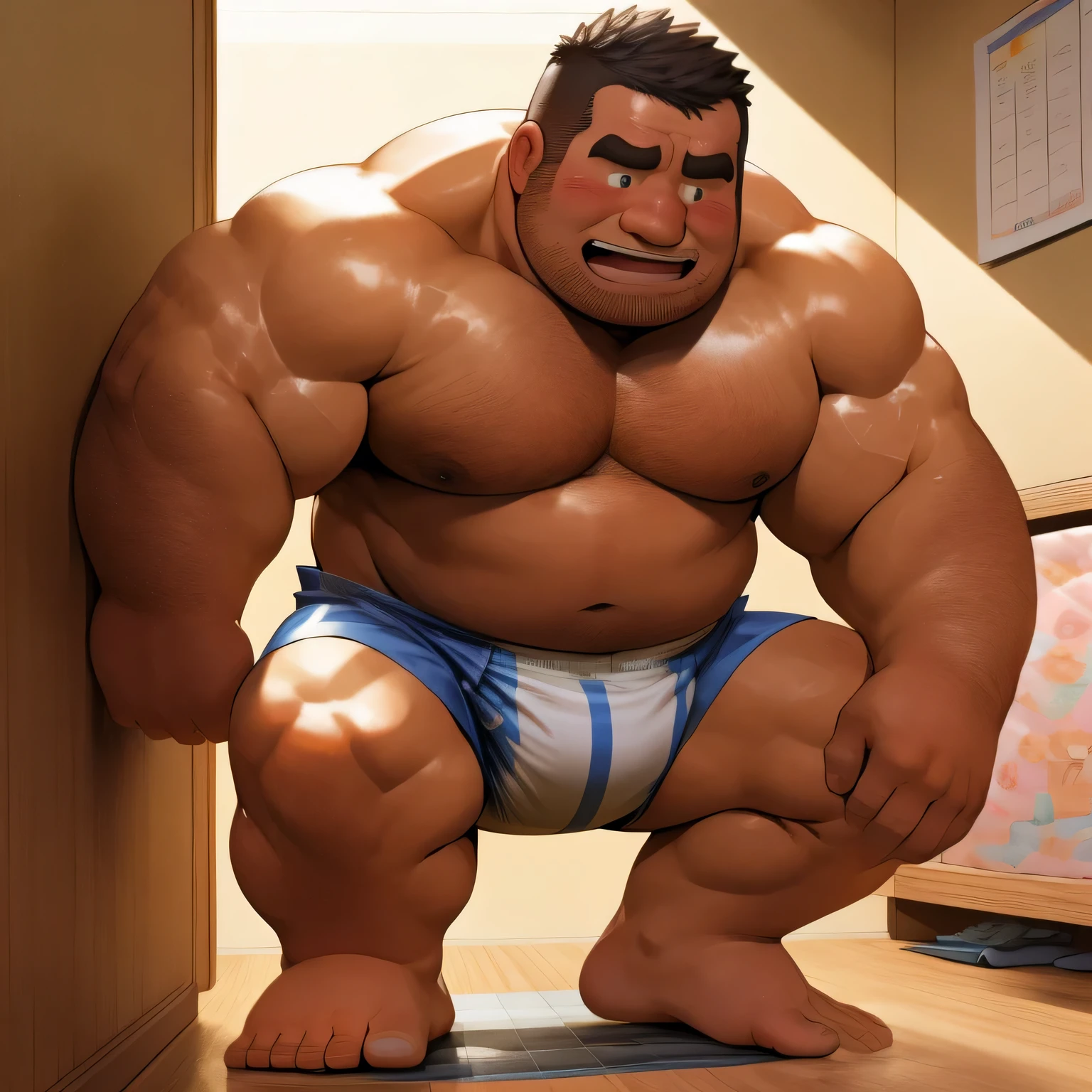 masterpiece, Top quality, in 32K, perfect anatomy, hyper detailed, super fine illustration, The thick man is a brutal prisoner, retarded, hairy, human, 50yo in japan, (fatness: 1.0), Fatty muscle, Bowleg, disappointment, incontinent, be diaper check by children, There is a small puddle under him, Naked, short legs, Bowleg, spread legs, wear a White cloth Diaper, Bare belly, Bare legs, Bare foots, Bare soles, Shirtless, wide forehead and short thinning hair, Man with round face with stubble, Bare foots, Bare soles, shy, sissy, Weaker than children, Drool, Round face, He enters nursery school and is despised by children, He is made to stand attention in the corner of the playroom, corner time, He surrounded by children, Bare foots, big butt, White Diaper, sobbing, There is a small puddle under him