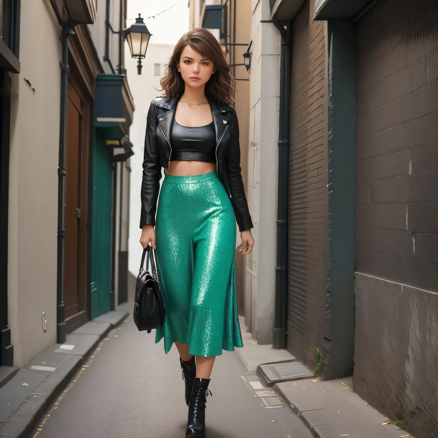 Theme: Bold and mysterious
Location:  Bloomsbury Fashionable Alley, London
Attire: Nova rocks a striking outfit that commands attention as she navigates the vibrant Bloomsbury Fashionable Alley in London. It could be a form-fitting jumpsuit in a bold color like emerald green or a patterned skirt paired with a black crop top and a classic leather motorcycle jacket.
Action: Nova strides confidently down the cobbled alleyway, one hand in her pocket and a determined glint in her eye.
Facial Expression:  A smirk hints at a secret she's not sharing, leaving the viewer to wonder where she's headed and what she's up to. The colorful street art and vintage clothing shops lining the alley add to the mysterious atmosphere.