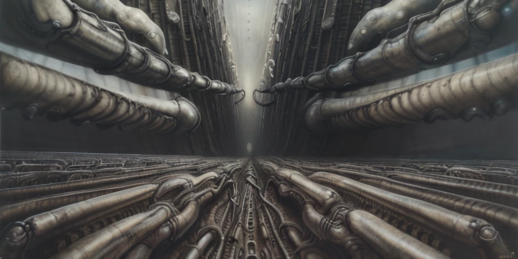 Create biomechanical tableau with some of the artistic techniques and compositional features used in /“Newyorkcity XXIV/” by h r (Hans Rudie) giger:
The painting is composed around a central focus of bone-like celestial formations and tectonic weathering structures with a phallic spine. This central form is the most detailed and brightly lit part of the painting, and it draws the viewer's eye in.The central focus is emphasized by the use of light and shadow. The light source is coming from the top left of the painting, and it casts a bright spotlight on the scene.
Biomorphic forms: The biomechanical forms in the painting are inspired by biological organisms, but they are also machine-like. These forms create a sense of unease and discomfort, as they blur the line between the natural and the artificial
. The image is highly detailed and intricate, uses, with transparent organs and bones exposed). The piece has a thick mechano-organic texture and is covered in fine details. The image has a swirling, organic quality to it. The artistic manner would be unmistakably Gigeresque. A dark and unsettling beauty would permeate the piece, blurring the lines between fascination and repulsion , forever haunted by the grotesque allure. Giger's signature artistic manner would be evident in every stroke. The airbrush would be wielded with masterful precision to create a hyperrealistic yet nightmarish aesthetic.,hrgiger,H.G. Giger Style, Biomechanics,HRGigerArhP style
high contrast studio lighting, creepy, wet, shiny, hyper realism