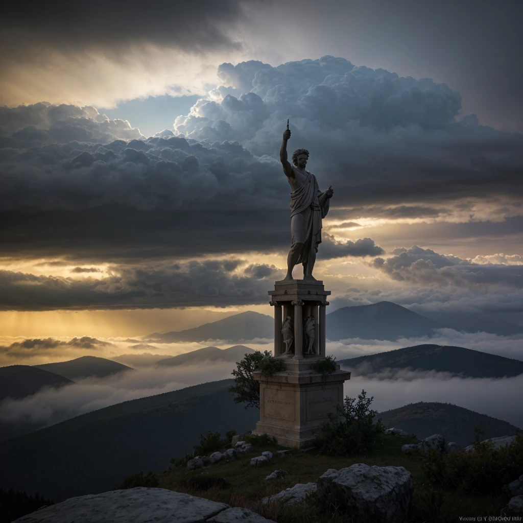 a statue of a greek stoic philosopher on top of a mountain, dramatic cloudy sky with lightning and fog, (best quality,4k,8k,highres,masterpiece:1.2),ultra-detailed,(realistic,photorealistic,photo-realistic:1.37),dramatic lighting,moody atmosphere,chiaroscuro lighting,cinematic composition,epic scale,intricate details,hard surface modeling,volumetric lighting,dramatic angles,cinematic camera angle