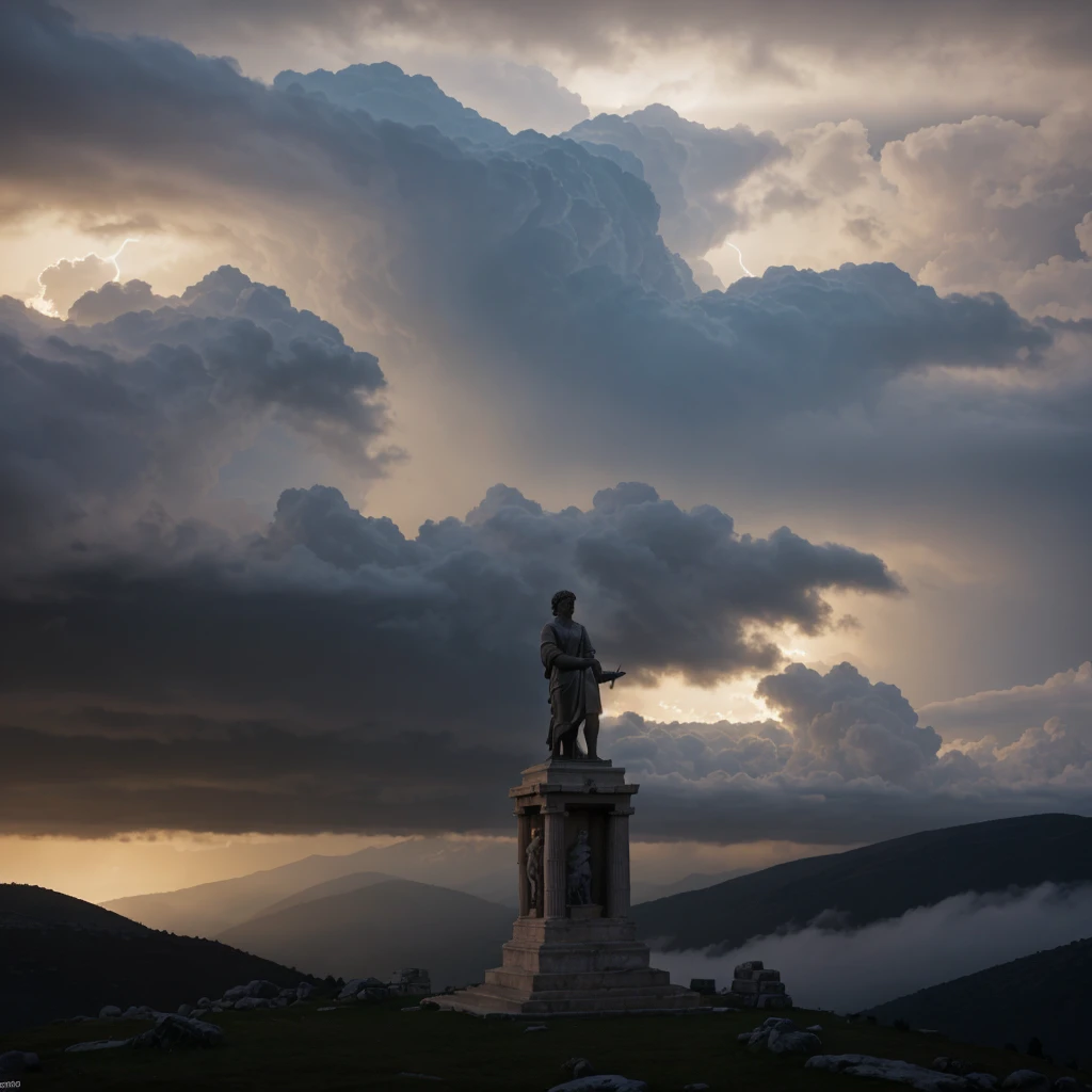 a statue of a greek stoic philosopher on top of a mountain, dramatic cloudy sky with lightning and fog, (best quality,4k,8k,highres,masterpiece:1.2),ultra-detailed,(realistic,photorealistic,photo-realistic:1.37),dramatic lighting,moody atmosphere,chiaroscuro lighting,cinematic composition,epic scale,intricate details,hard surface modeling,volumetric lighting,dramatic angles,cinematic camera angle