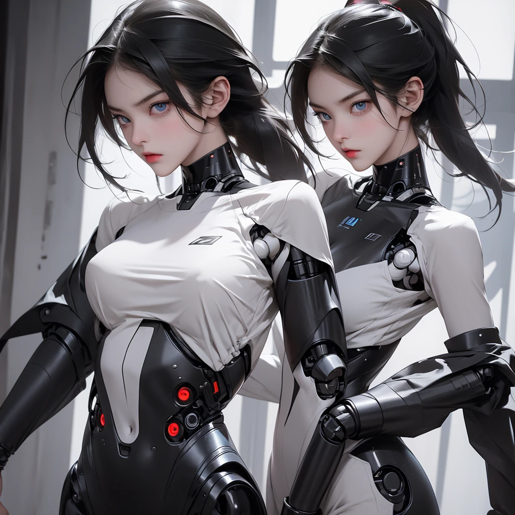 a girl with a full black robotic body, featuring sleek and high-tech components. She has short black hair, blue eyes, and an angry expression. She wears a robot mask that partially covers her face, blending seamlessly with her polished mechanical limbs and torso. The subtle lights and mechanical joints of her body enhance the contrast between her human-like features and her robotic form.