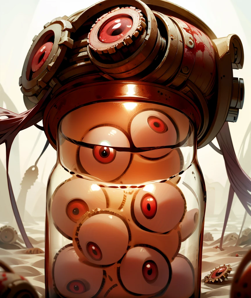 a glass jar filled with eyeballs, ((eyeballs)), blood, sand ground, early morning