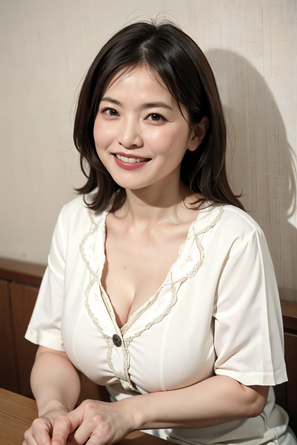 8k wallpaper, masterpiece, Highest quality, Ultra-detailed, One mature woman, 50 years old, Highly revealing, Wearing a spring-like shirt, Skin dents, A seductive smile, Looking at the audience, Cleavage, plump, Curvaceous, Seductive face, Toothy smile, was happy, Sitting at a cafe, Background Blur