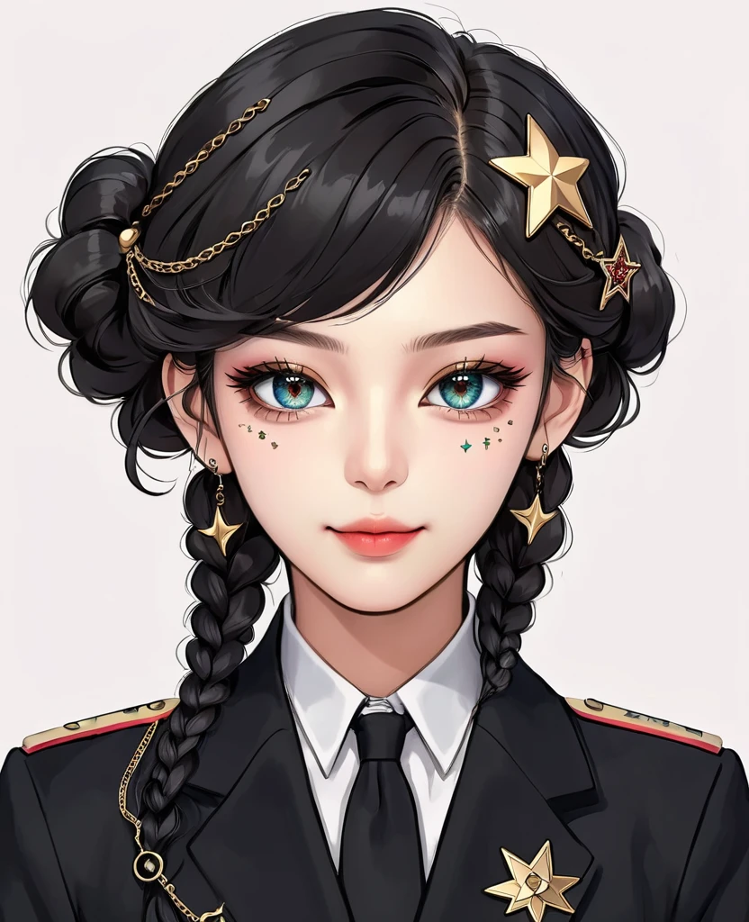 (Digital Illustration，Detailed anime style girl portrait，Korean girl group，Solitary，symmetry)，(Big colorful eyes，Fashionable and exquisite facial features，Exquisite makeup，Sweet smile，Star symbol mark on cheek，Soulful gaze，)，(Fluffy braids，Beautiful hairstyle，Hairpin)，(Black suit，Epaulettes-Chain，name card，cool，)，Clean and simple white background，(((Correct human anatomy)))