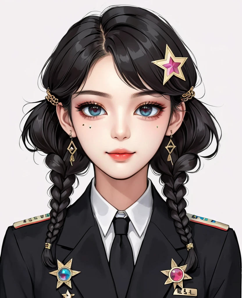 (Digital Illustration,Detailed anime style girl portrait,Korean girl group,Solitary,symmetry),(Big colorful eyes,Fashionable and exquisite facial features,Exquisite makeup,Sweet smile,Star symbol mark on cheek,Soulful gaze,),(Fluffy braids,Beautiful hairstyle,Hairpin),(Black suit,Epaulettes-Chain,name card,cool,),Clean and simple white background,(((Correct human anatomy)))