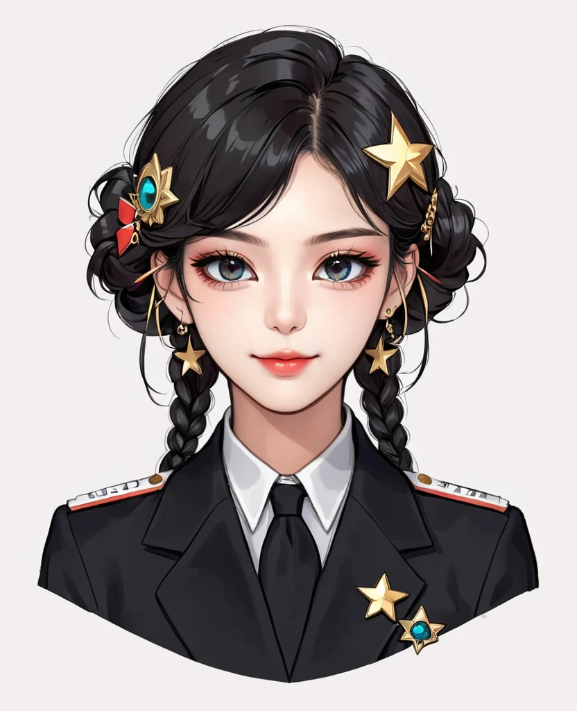 (Digital Illustration,Detailed anime style girl portrait,Korean girl group,Solitary,symmetry),(Big colorful eyes,Fashionable and exquisite facial features,Exquisite makeup,Sweet smile,Star symbol mark on cheek,Soulful gaze,),(Fluffy braids,Beautiful hairstyle,Hairpin),(Black suit,Epaulettes-Chain,name card,cool,),Clean and simple white background,(((Correct human anatomy)))