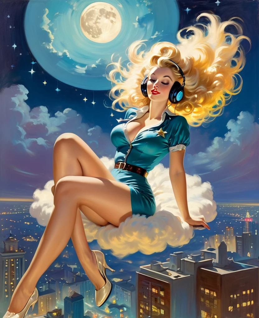 A Gil Elvgren pin-up style painting of a beautiful blonde woman with big messy hair,  floating on a cloud gracefully laying on the cloud, wearing headphones, with moon light, twinkling stars and stardust, vibrant and colorful, full body shot, looking down at a small city at night, cityscape 