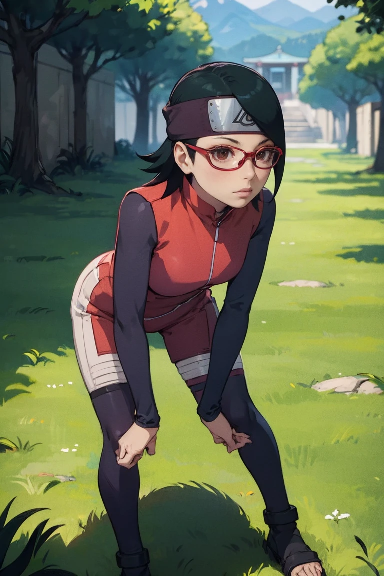 (Sarada Uchiha,short hair,black hair,glasses),full body picture Unreal Engine 5 8K UHD of beautiful girl, green Japanese style long hair, wearing futuristic black tight battle suit, half face mask, futuristic neck collar, grass green light details, best quality, Masterpiece: Tight fitting clothes,Nipples