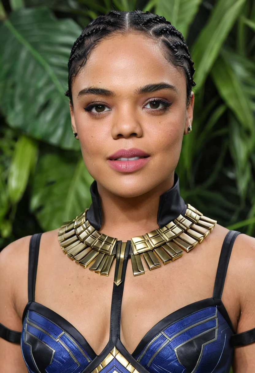 Extremely gorgeous woman Tessa Thompson AS A WAKANDAN WARRIOR, sexy wakandan warrior costumes, erotic costumes, DETAILS, GOOD SKIN, highly detailed, skin pores, sharp focus, amazing details,
