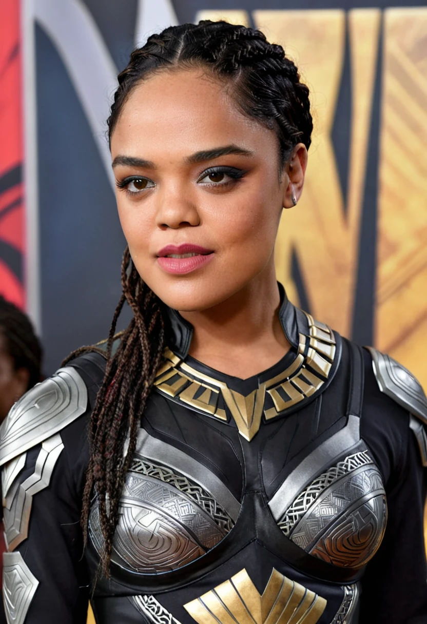 Extremely gorgeous woman Tessa Thompson AS A WAKANDAN WARRIOR, sexy wakandan warrior costumes, erotic costumes, DETAILS, GOOD SKIN, highly detailed, skin pores, sharp focus, amazing details,