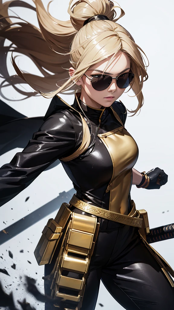 random angle close portrait, brush drawing image, beautiful Thai female teen, aged 20, dynamic fighting action pose with gold advanced sci-fi sword, advanced black sport sunglasses, long blonde hair with, glossy black slim fit sci-fi short pants jumpsuits with weapons holster on thighs, black sci-fi shoulders and arms armour, black gloves, gold smoke explode, white background, 8k resolution