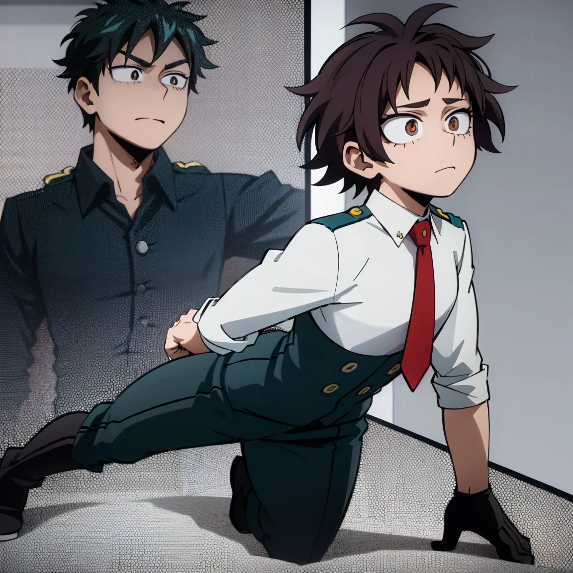 1boy, male focus, boku no hero academia, masterpiece, best quality, very aesthetic, absurdres, short messy hair, purple hair, golden eyes, frown, gray jacket, red tie, white shirt, teal pants, boots 