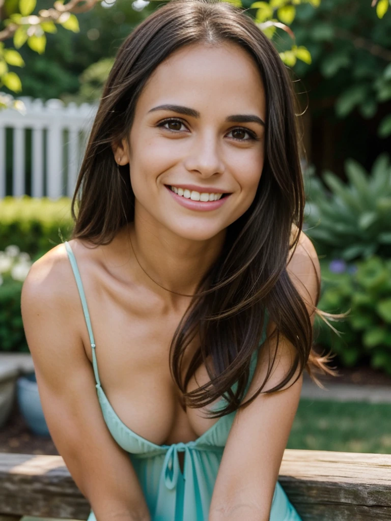 ((((20 years)))) ((young)), (beautiful) ((Jordana Brewster)) ((with long hair)). (((Her face is made up))). Female body. She looks sexy. She wears matching clothes at a party. very natural, very small breasts. (Her body is shown standing in close-up from the front). The model is at a garden party. (It shows the scene where she looks at the camera and shows a happy expression while laughing while leaning on a beam). The image was taken outside at a garden party and presents itself as a masterpiece of the highest quality in exceptionally high 16K resolution. Her body is particularly highlighted and the beautifully detailed facial features underline her hyper-realistic appearance. Both her face and body are extremely detailed, every facet of her anatomy is carefully crafted, including perfect hands and anatomy. The lighting was perfectly adjusted to highlight the details.