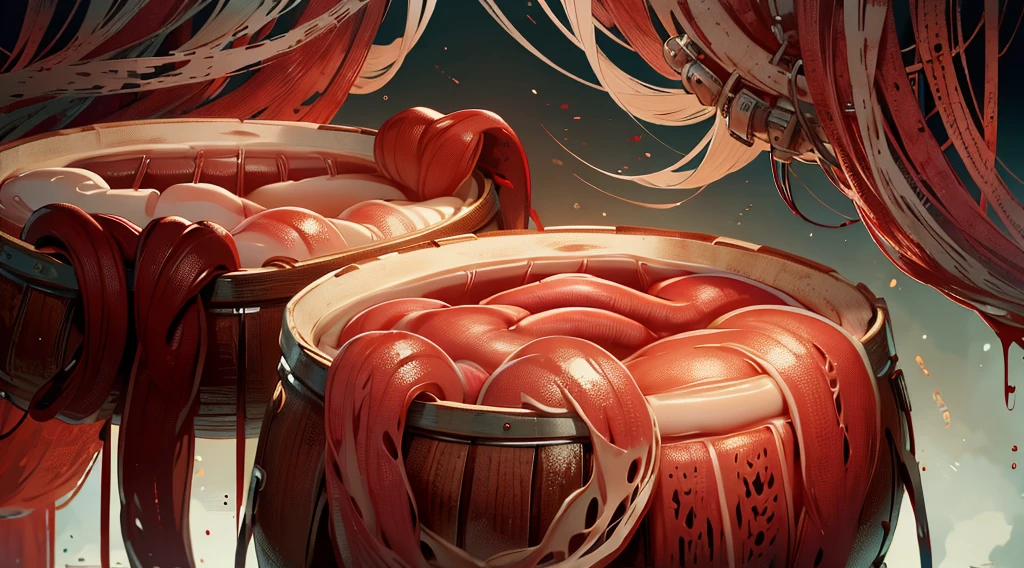 wooden barrels filled with human intestines, blood, AnatomicTech
blood vessels, gore, horror, 