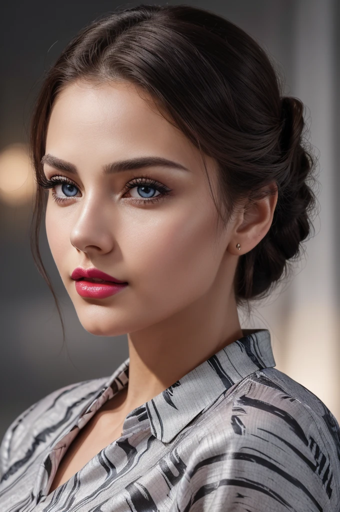 (8K, RAW photo, Best Quality, Masterpiece: 1.2),
(ultra high res, photorealistic:1.40, natural backlight, glorious picture, lowest lux), big , night bokeh effect background, Perfect pink eyes, Great face, Indian, Beautiful appearance, ((Red lips, Bright Eyes, Curve Heir 1.5)), ((Beautiful detailed body)), Amazing gorgeous, amazing beautiful face, Pretty face, Bright Eyes, Elegant printed shirt with attention to detail, Updo Elegant Hair, Blurred gray tone background, super concentrated, Illuminate, Facial details, 8k resolution, Vivid colors,
Sharp focus