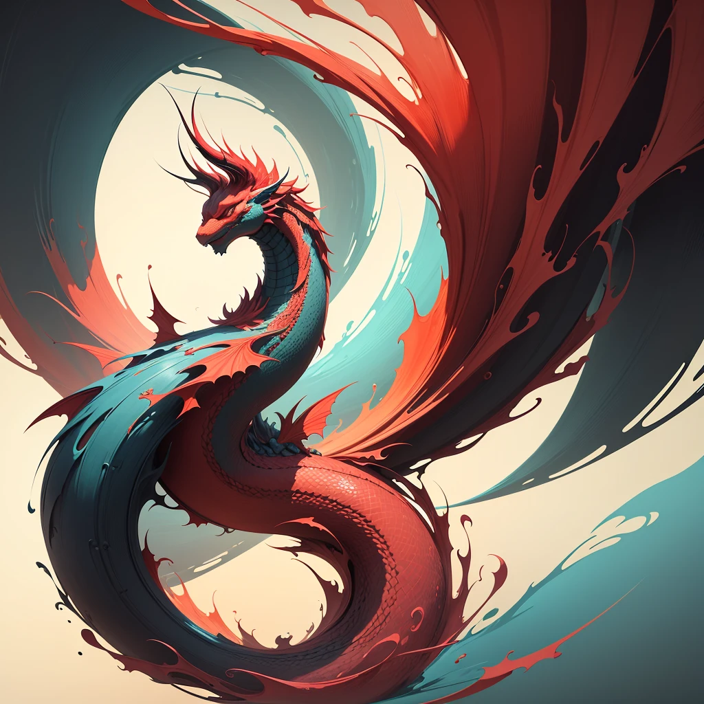Red dragon, Chinese landscape, abstract paintings, Zen, Amy Sol style, With a cover art of light abstraction, Simple vector art, Contemporary Chinese art, Gradient of color, Soft color palette, layered forms, Whimsical animation, The style is ethereal and abstract
