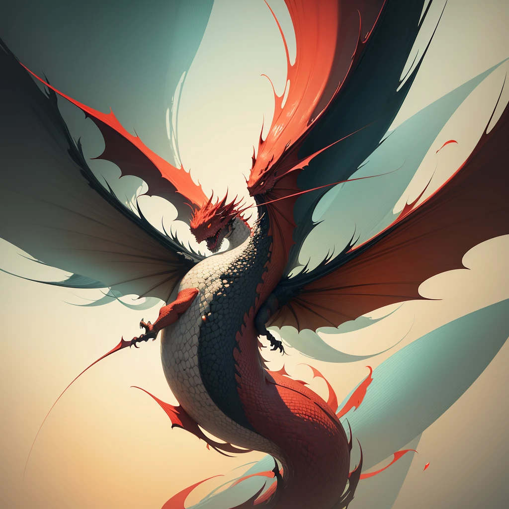 Red dragon, Chinese landscape, abstract paintings, Zen, Amy Sol style, With a cover art of light abstraction, Simple vector art, Contemporary Chinese art, Gradient of color, Soft color palette, layered forms, Whimsical animation, The style is ethereal and abstract