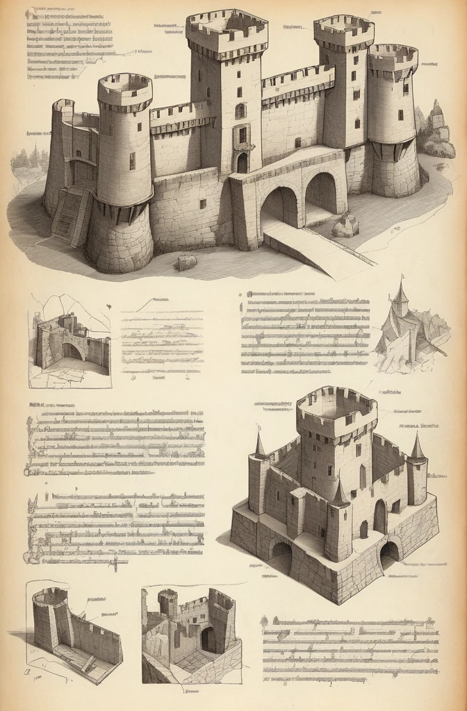 Textbook page with isometric view on medieval castle court., vista transversal, piezas etiquetadas,  Detailed technical drawing, Text Description, paredes de piedra con ventanas, torres fortificadas con partes de madera, mechanical bascule bridge, zanja de agua, vegetation,