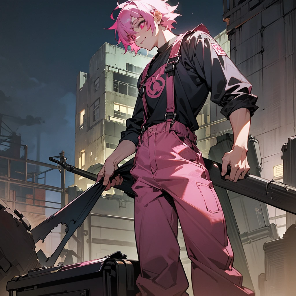 1male, adult, finely detailed pink eyes, messy short hair, black hair, enginer clothing, baggy pants, overalls, standing on ruined building, night time, happy expression, muscular, goggles